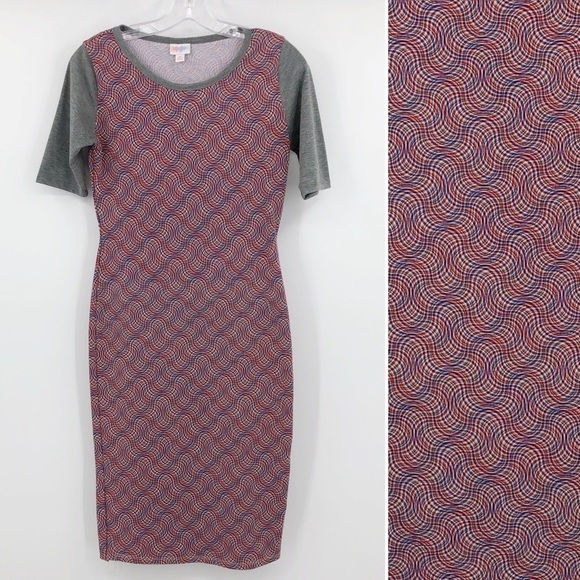 LuLaRoe Julia Dress Red & Gray Pencil Swirl Print Crew Neck Half Sleeve Midi XS - Picture 1 of 5